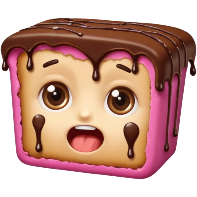 Rectangular chocolate mini pastry, slightly messy, wide shocked eyes, open mouth, chocolate dripping, text above: "ПАСТИЧКА", chibi style, Twitch emoji style, transparent background, colorful

 emoji