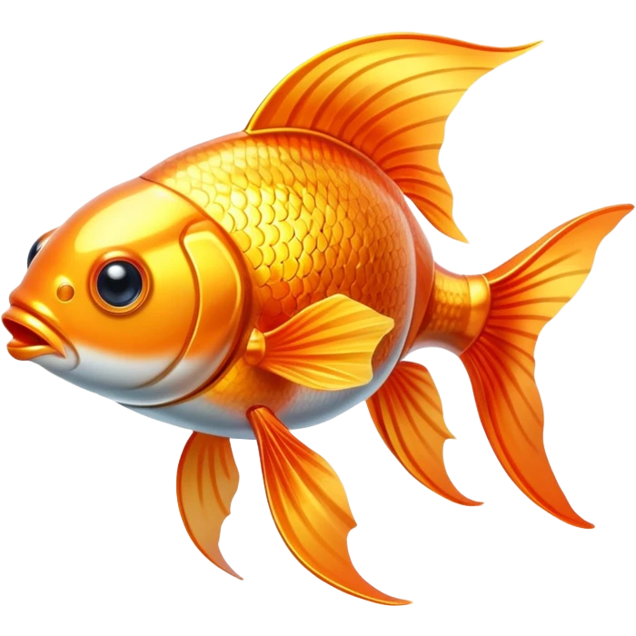 goldfish with realistic head and upper body, mechanical glowing fins and tail emoji