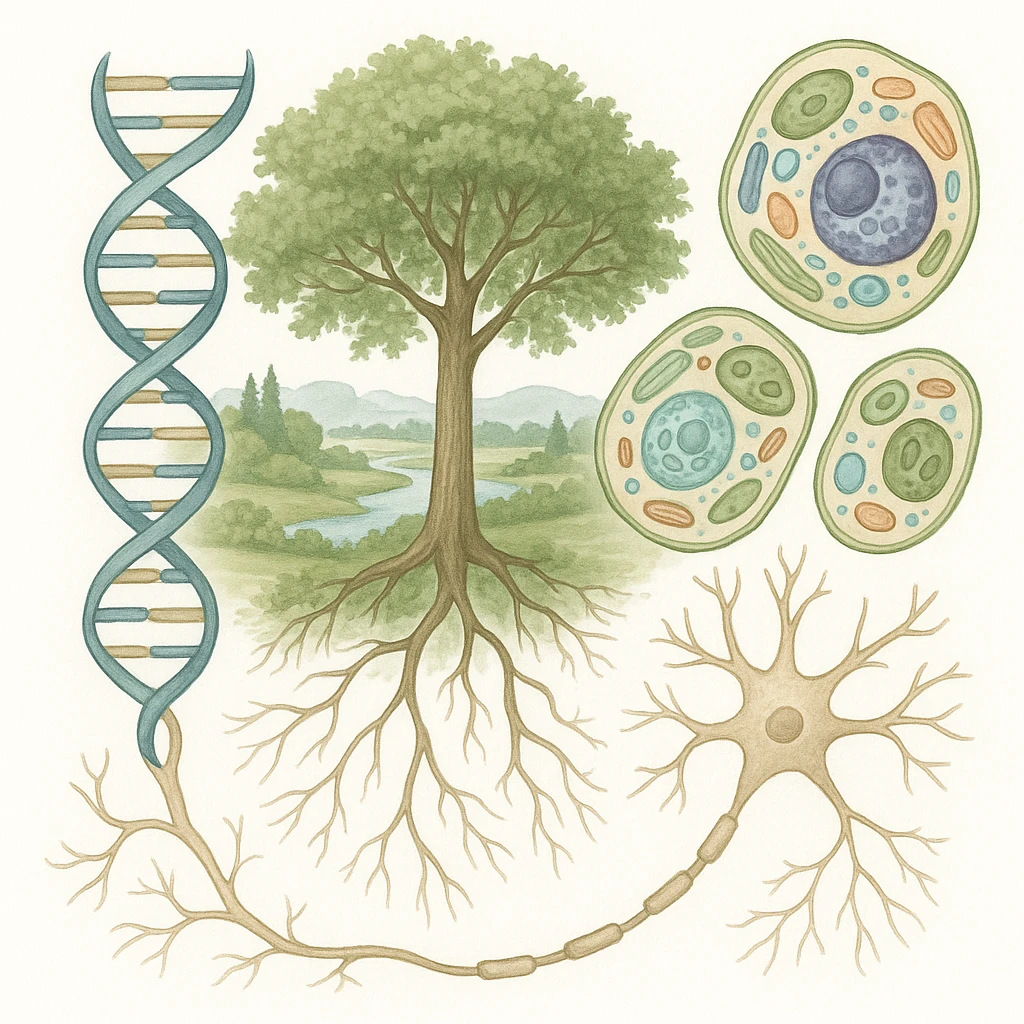 A realistic biological illustration (like in a school book) showing: DNA strands transitioning into a tree, cells with visible organelles, neurons connected to plant roots  and a balanced ecosystem background . Seamless integration, no labels or borders. Scientific color scheme, detailed but minimalist. please white background emoji