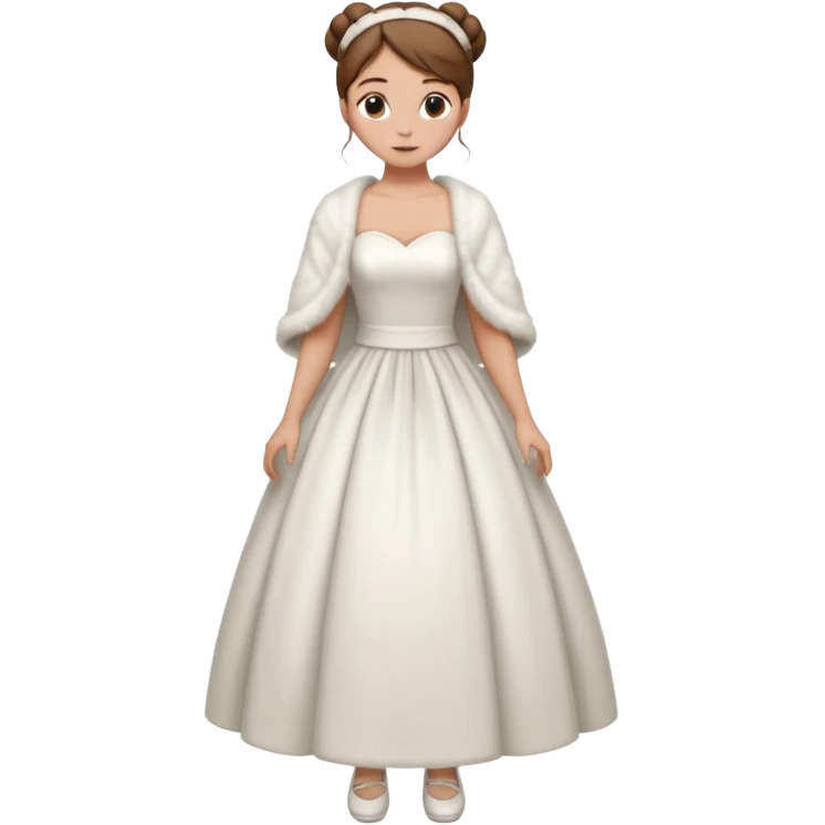 , chica blanca, pelo castaño, pelo recogido con mondongos, vestido novia largo que no se vean los pies con chal invierno corto,cuerpo entero zapatos emoji