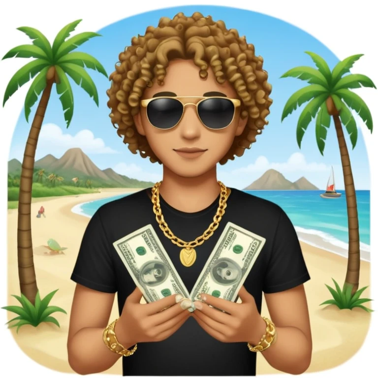 Mixed-race person with curly hair, black t-shirt, gold chain necklace, holding dollar bills in both hands, wearing black sunglasses, beach with palm trees in background emoji
