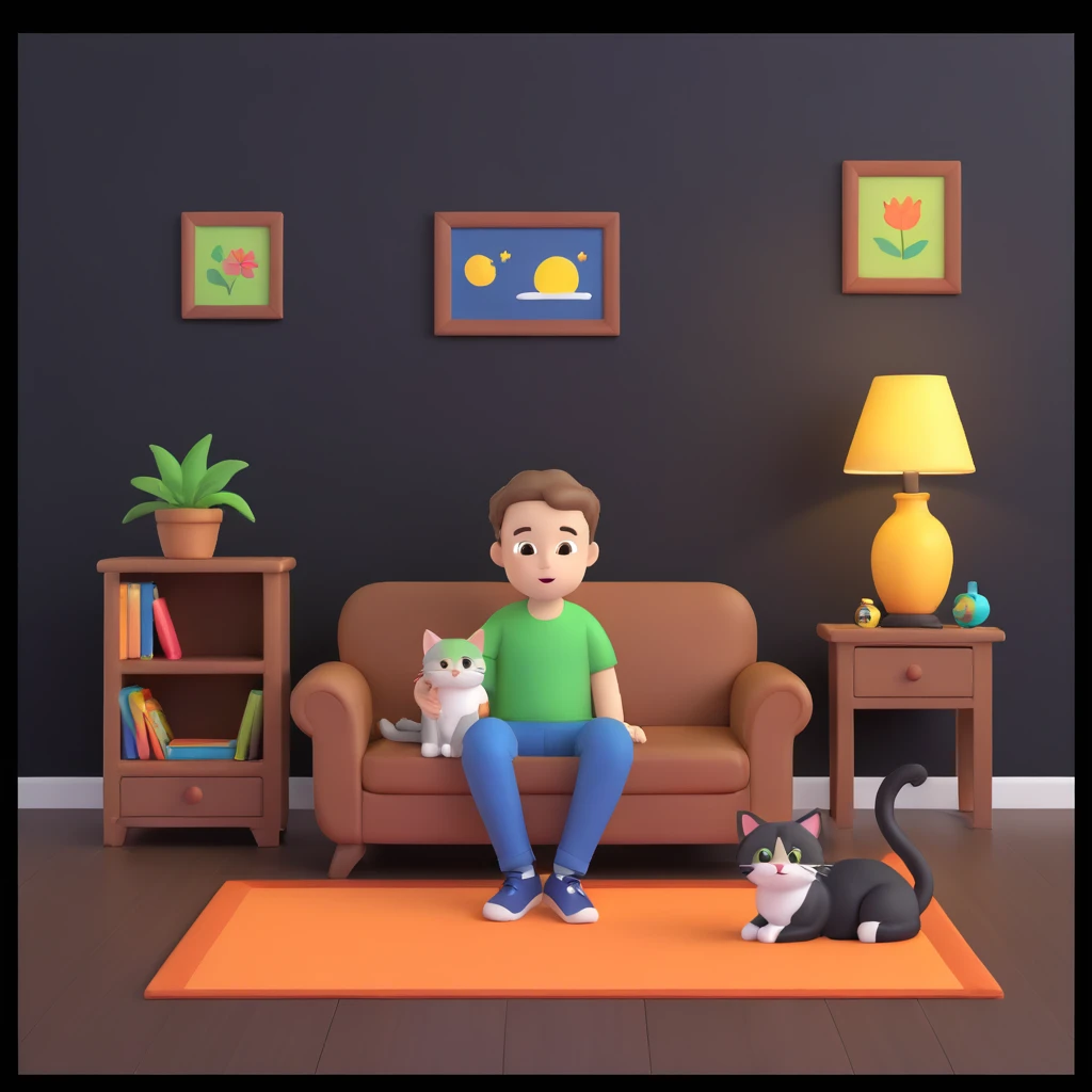boy and cat pet, living room background emoji