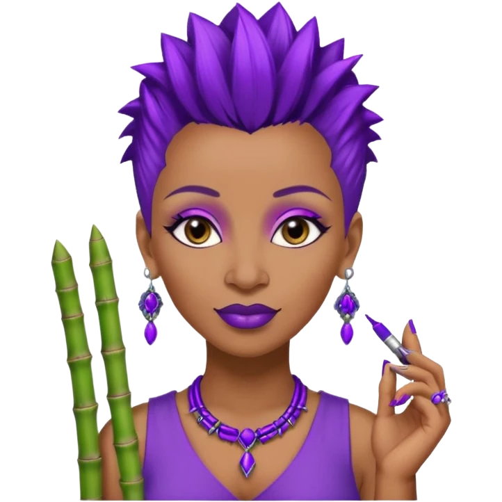 57 years young,  brown skinned Black queen with a  no hair on side and a  mohawk hairstyle, purple lipstick,  purple eyeshadow,  droopy looking  eyes, bamboo design 
 earrings with the name Draya personalized on them.  emoji