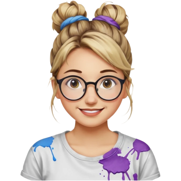 Artist Woman – messy bun, round glasses, paint stains on shirt.














































 emoji