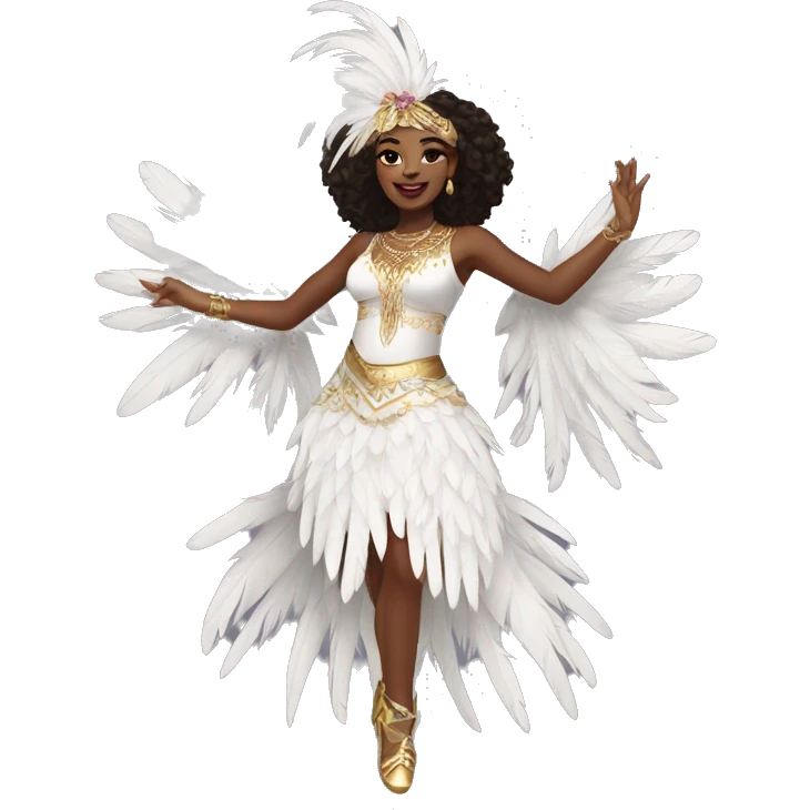 nella rose dancing, wearing white carnival outfit, white feathers emoji