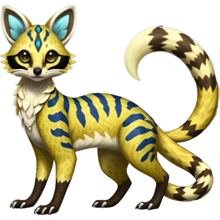 Rare realistic shiny warm-colored lush tropical exotic cute epic pretty beautiful handsome gorgeous aesthetic colorful vibrant Vernid-Protogen-Primagen-Wickerbeast-Genet-Trico-species-Fakemon-hybrid-creature by LiLaiRa, beautiful intricate markings, full body emoji