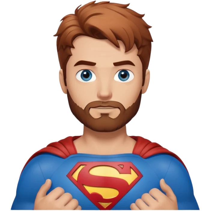 Adult Superman-with redish brownish messy hair-full neatly trimmed beard-blue eyes-hand heart  emoji