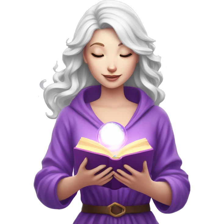 white skinned woman with magic book and unicorn and purple magic sphere emoji