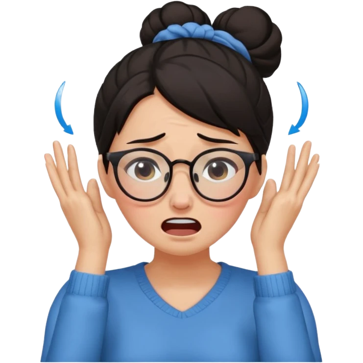dark haired woma with hair a high bun, wearing glasses covering ears and crying emoji