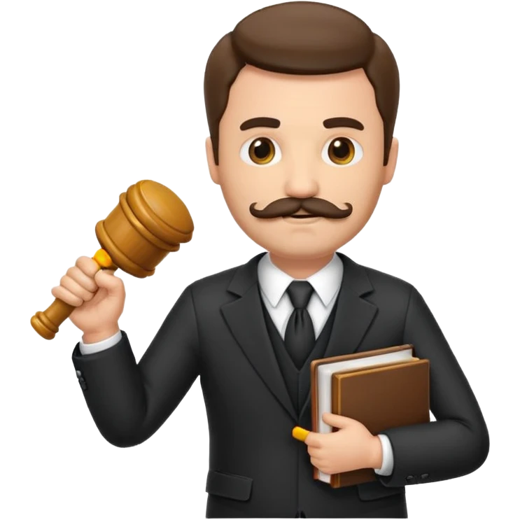 “Create a clean, modern emoji-style illustration of a male lawyer. He is wearing a formal suit jacket. He is holding a judge’s gavel in one hand and has a law book tucked under his arm. He has a mustache and beard! emoji
