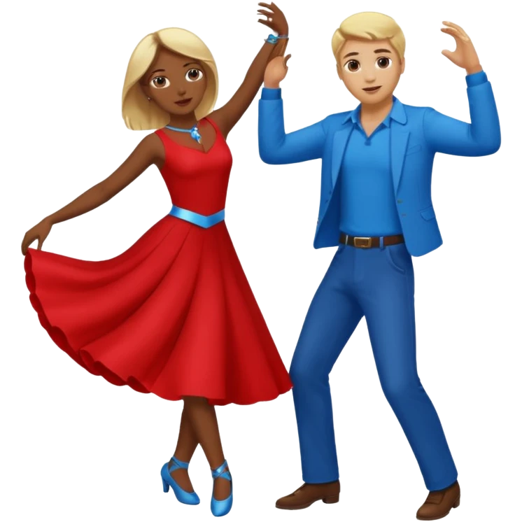 Two people  conservative people dancing. A man wearing red with light skin and blonde hair. A women wearing bue with dark skin and brown hair. emoji