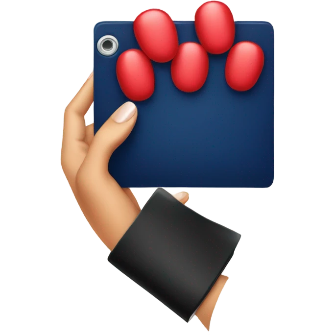 a female hand with a red manicure holds a dark blue notepad emoji