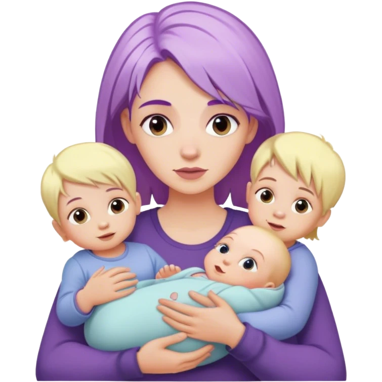 White woman with purple hair holding a baby with other little white kids with blonde hair around her emoji