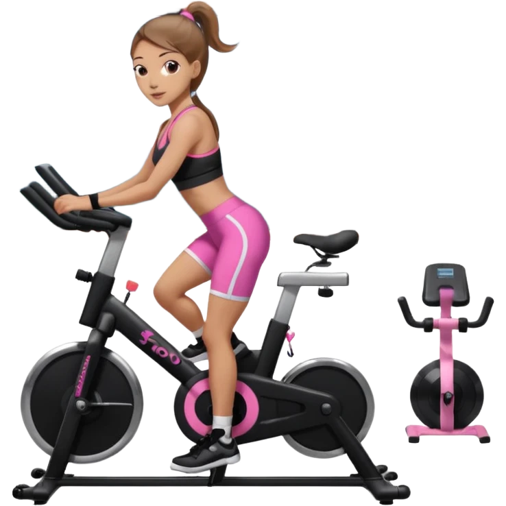 Light skin girl with long light brown hair in a pony tail, black workout set leaning on a indoor spin bike with NO HELMET, can we add a pink sports bra  emoji