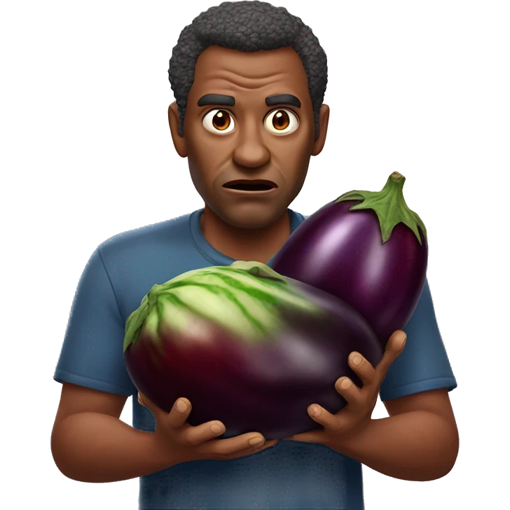 really angry man (red-skinned) holds a giant eggplant in his hands; realistic emoji