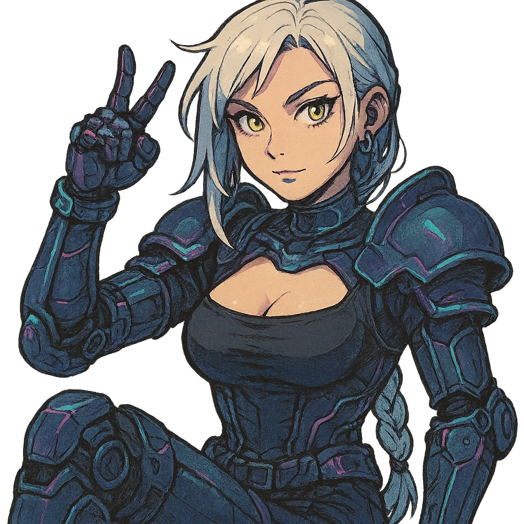  she is wearing armor, maximum power , except instead she's giving a victory salute, a closeup portrait of young woman with gold yellow eyes, white hair, long braid, black off-shoulder top d-cup, punk gothic style, futuristic cyberwave cyberpunk, sitting position
 emoji
