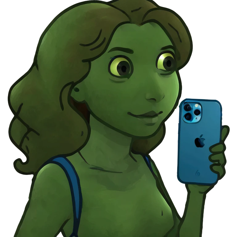 Women with brown long curls with IPhone 13 blue  emoji