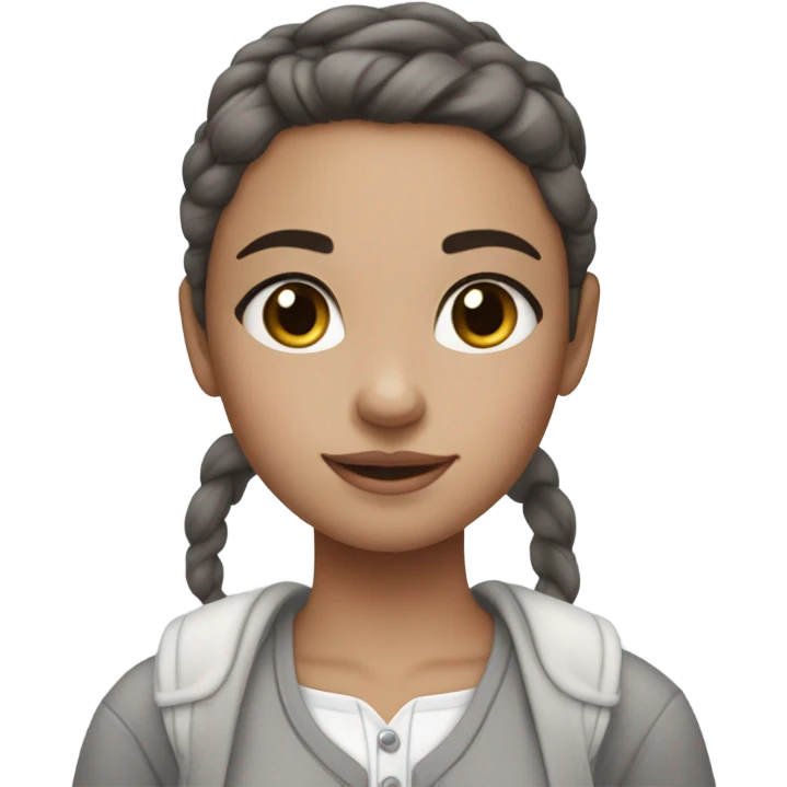 A cute brunette girl with clean girl makeup with a ponytail with a white bow wearing grey comfy clothes emoji