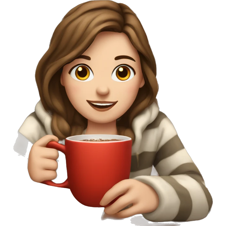 a white girl with brown hair sitting by the fireplace with hot chocolate  emoji