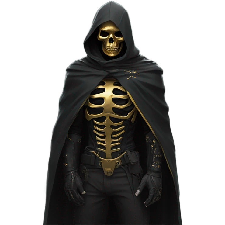 Hunter in black cape and a perfect gold skull jaw mask from death Stranding, full body front and back emoji
