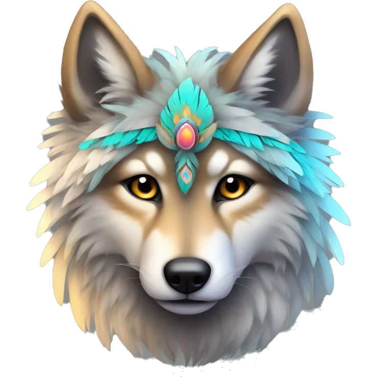 Fluffy Shy Colorful Spiritual Coywolf With Shiny Tribal Markings wearing feathers Full Body emoji