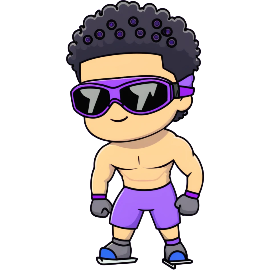 shirtless male athlete with white skin and moderately curly black hair on top with shaved sides, wearing purple ski goggles with black tinted lenses, and a simple plain black chain necklace, no earrings emoji