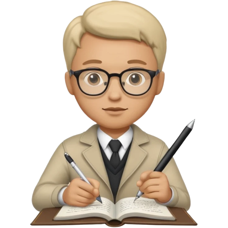 man hold a pen in hand write in book , wearing glasses emoji