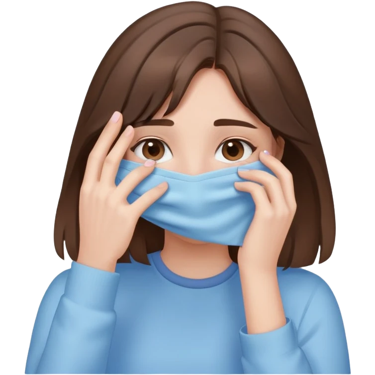 brunette girl with brown hair wearing pastel blue clothes covering her face with her hand emoji