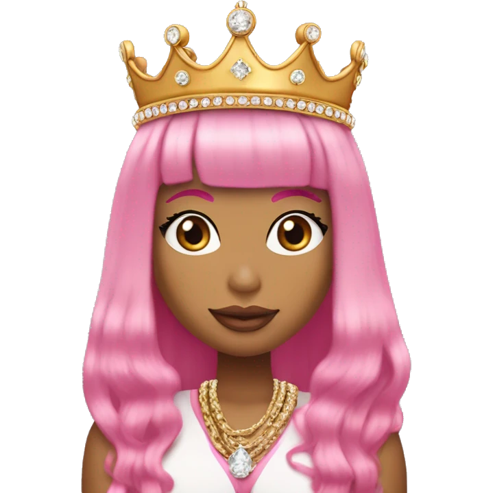 Nicki Minaj with a long pink bob and bangs and a diamond chain that says “queen”. She he’s a crown on her head  emoji