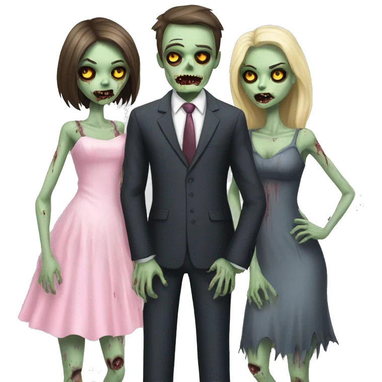 2 zombie girls wearing dresses one zombie man in suit emoji
