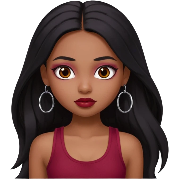 a pretty bratz girl with long black hair, kajal under eyes, small silver hoop. Dark cherry red tank top on.  emoji