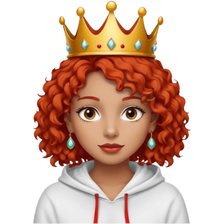 
Slim girl with a fine face, dark and tanned skin, medium-length curly tomato-red hair, dark eyes, medium-thick eyelashes, and a crown and earrings, wearing a white hooded sweatshirt. emoji