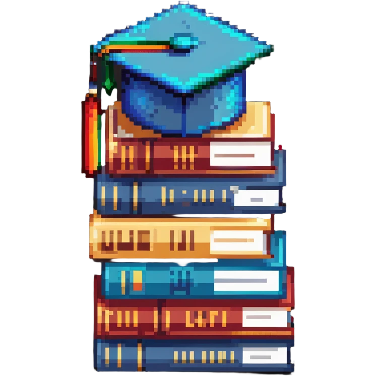 abstract pixel art, simple 3 books stack with graduation cap, minimal details emoji