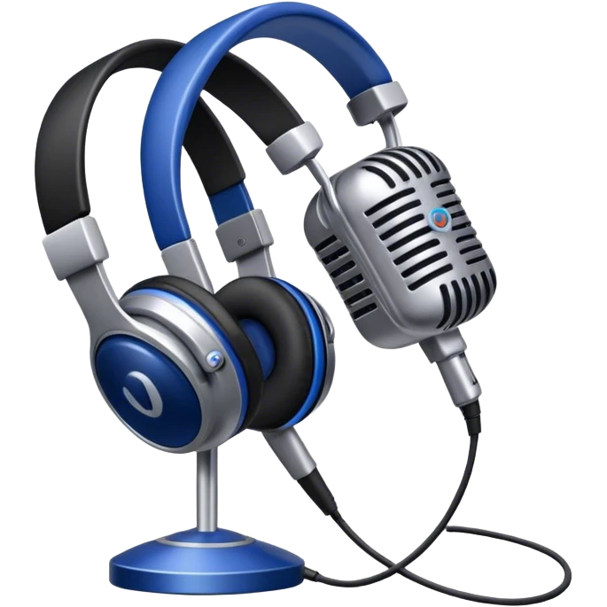 Create a sleek and professional emoji that represents voice acting and dubbing equipment. The design should feature a high-quality microphone, a sound mixer or audio interface, and headphones to symbolize the recording and technical process. Include elements like a soundproof booth or audio cables to reflect the studio environment. Use a modern, clean design with colors like silver, black, and dark blue to represent the professional side of voice acting. The background should be transparent. emoji