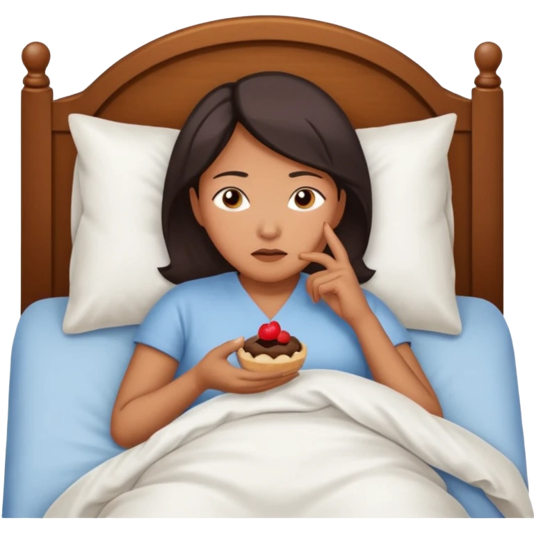 A middle-aged Asian woman lying in bed, unable to sleep thinking of dessert emoji