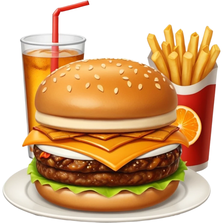 BBQ BACON BURGER, LARGE ORDER OF FRIES, ORANGE SODA WITH NO ICE, AND PIECE OF HOT APPLE PIE. emoji