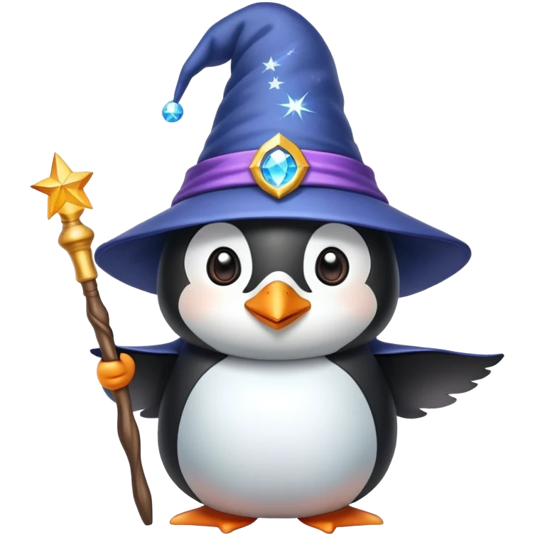 A cute penguin wearing a wizard hat and holding a magic wand emoji