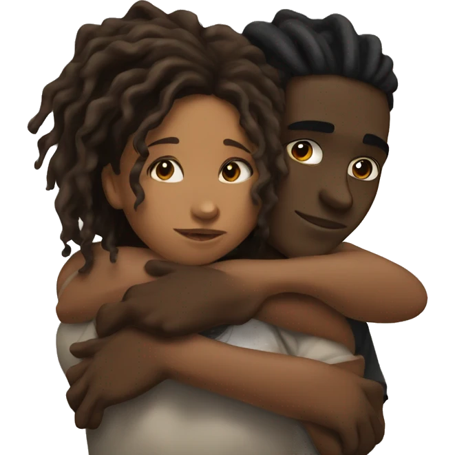 Brown girl with wavy hair hugging black boy who has dreads  emoji