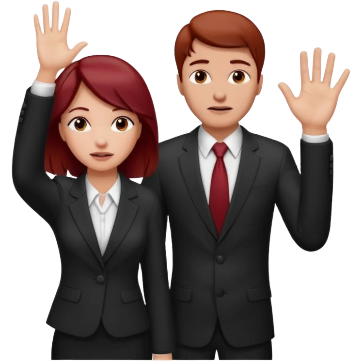 now make the girl u created in bussines outfit waveing with dark red hair and the man u created facepalm emoji