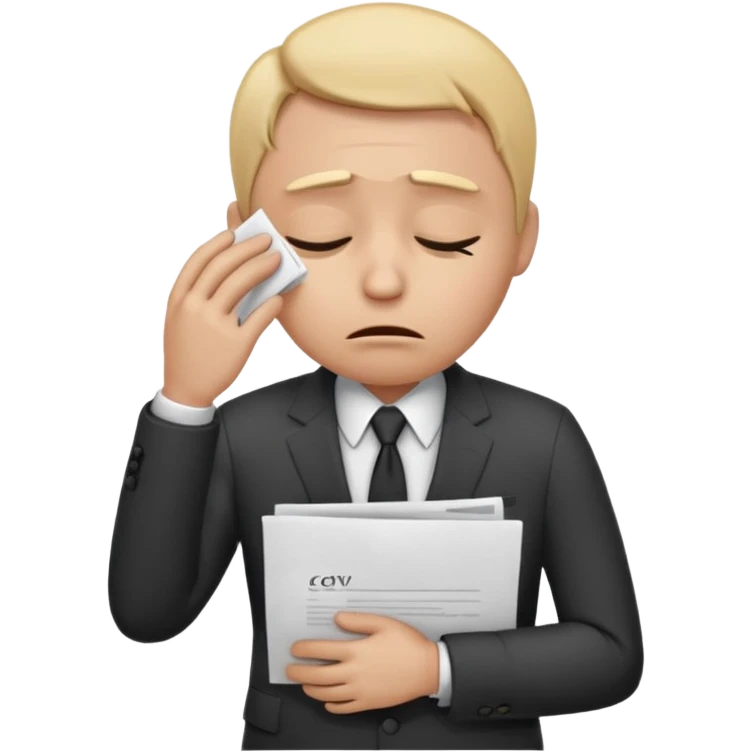  emoji character wearing a interview clothoes. face has a very sad crying, disappointed expression with drooping eyebrows and half-closed eyes. posture is dejected, with slumped shoulders. just rejected from  interview to get a job, holding CV. dont make it old person and dont specify any gender. emoji
