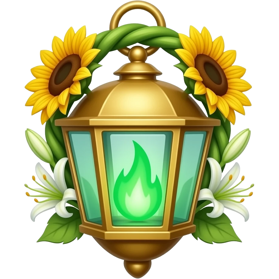 A golden hanging lantern with a bright emerald flames, an empty loop on top, sunflower & asphodel wrapping it, focus more on the green fire, paint the glass more green, have its bottom point come to some sort of point emoji