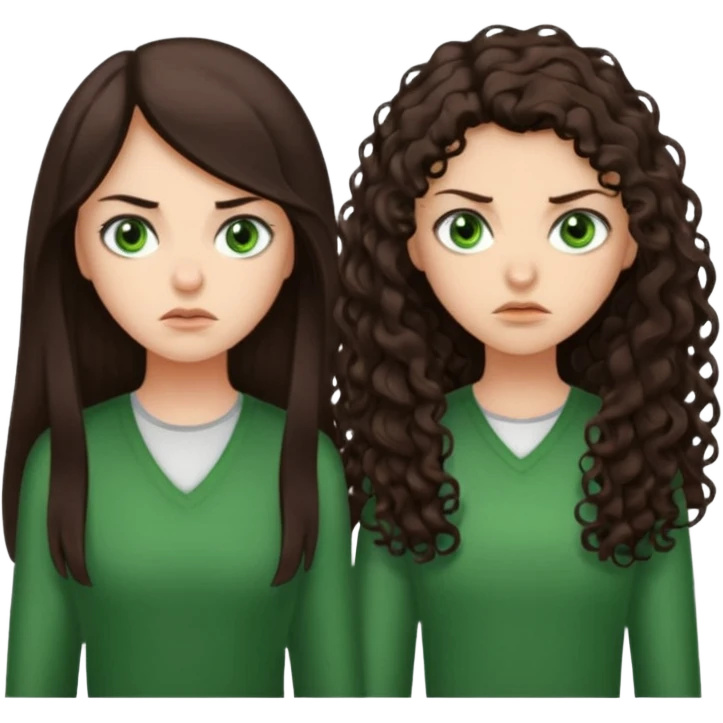 Two scornful girls, 1: long ironed straight darkbrown hair, green eyes, 2: long curly darkbrown hair, brown eyes emoji