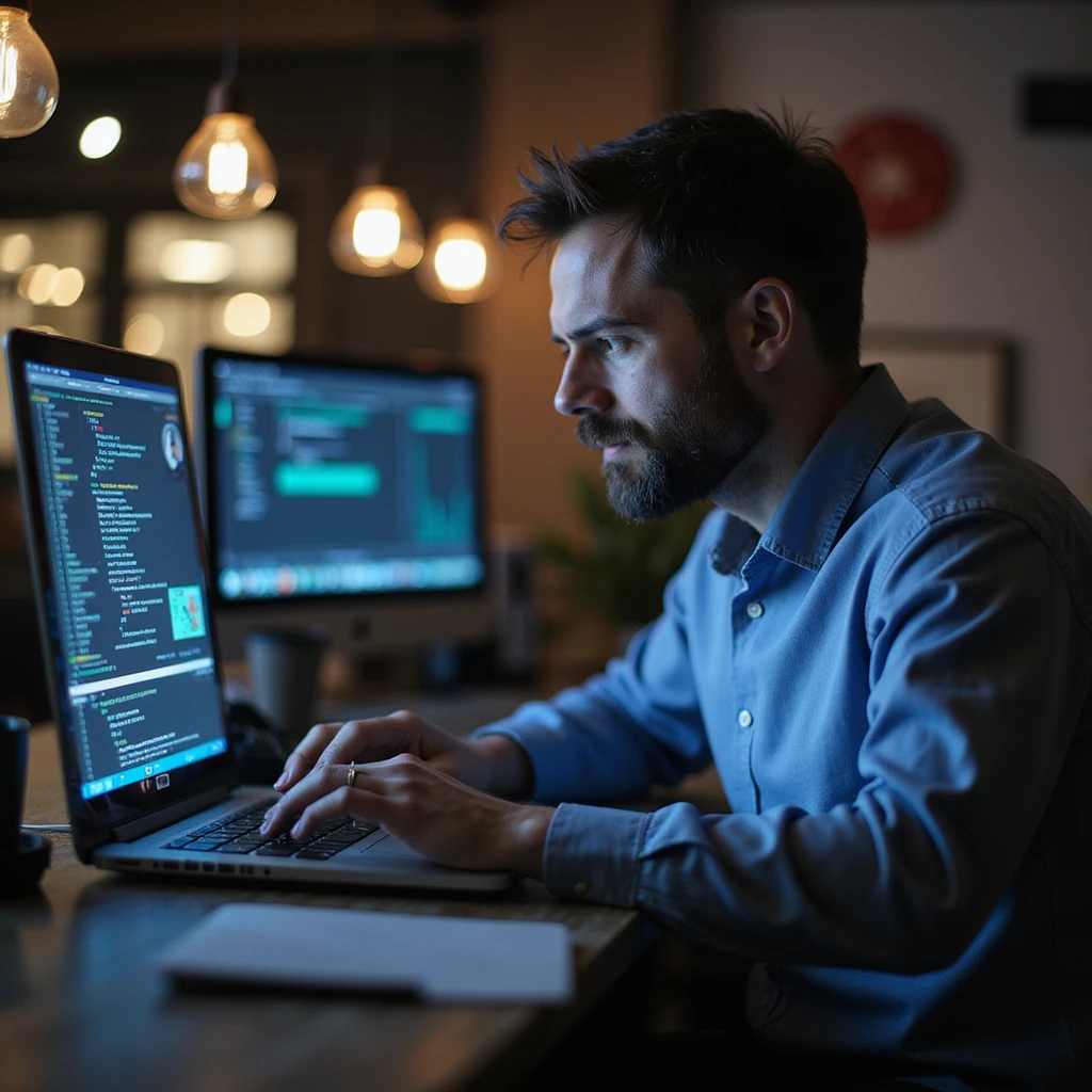 marketers working on his laptop , some data emoji