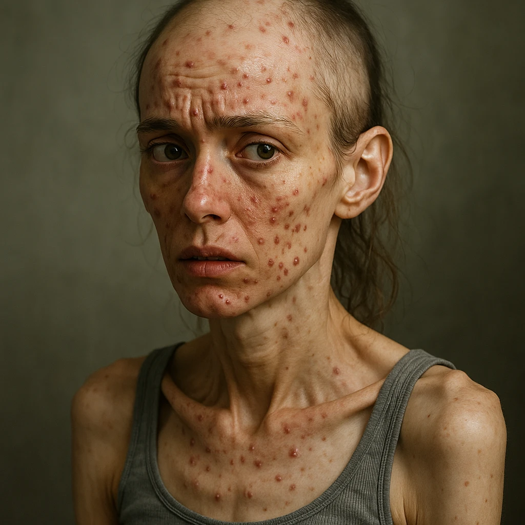 woman rapidly losing weight, worsening hormonal condition, presence of acne and alopecia, hyper realistic style, worried expression, realistic details, atmosphere suggesting discomfort emoji