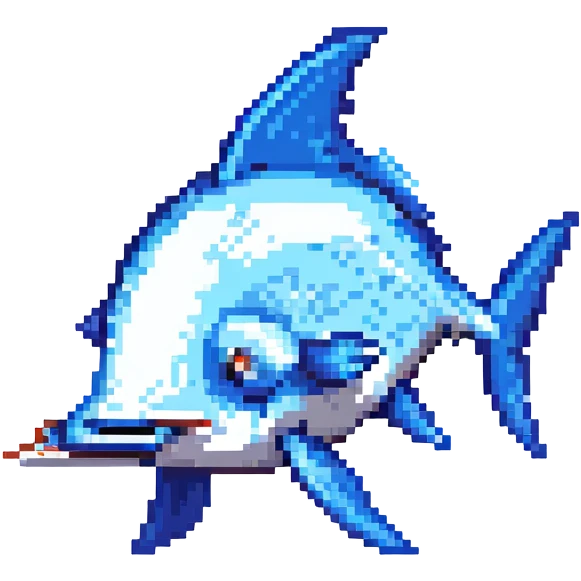 pixel art swordfish, small, blue and silver colors, retro video game look emoji