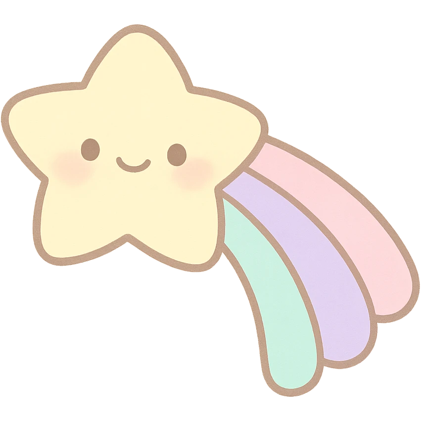 cute soft yellow shooting star, smiling face, pastel trail, no limbs, full body, soft pastel kawaii style, transparent background emoji
