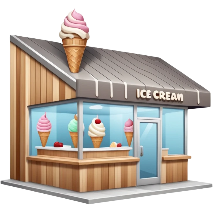 ice cream store at an angle, modern building wood, gray, white materials modern, at an angle emoji