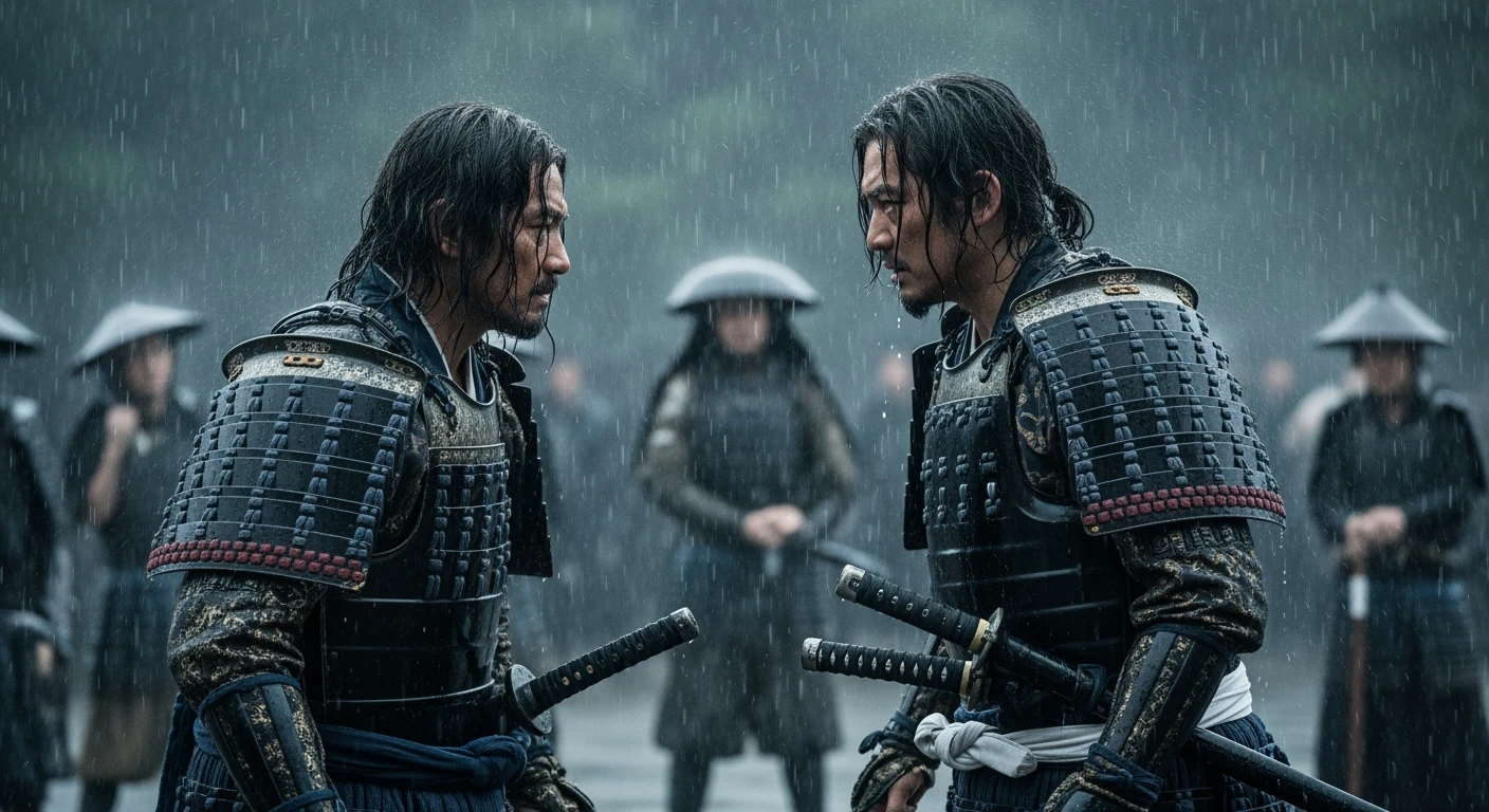 A cinematic scane from 1185, Wide shot of a two japan samurai face to face ready to fight during rain, deph composition, tense atmosphere, captured by by arri alexa, film directed by wes anderson emoji