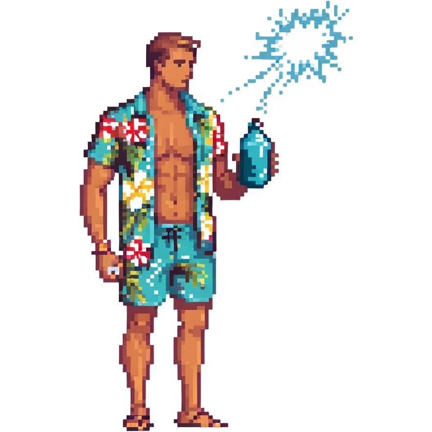 human male Unbuttoned Hawaiian shirt, swim trunks, shaking a cocktail shaker (sparks flying), with a drink emoji