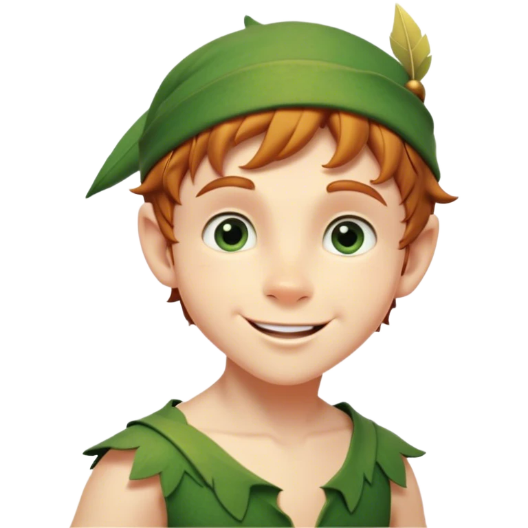 Cinematic Realistic Peter Pan Portrait, head tilted playfully and inquisitively, capturing his mischievous smile and twinkling eyes. The intricacies of his whimsical attire and the soft interplay of natural light bring to life his adventurous energy and childlike charm with a hint of daring strength. emoji